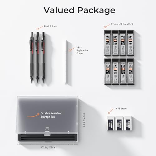 Nicpro 0.5 mm Mechanical Pencils Set with Case, Full Metal Pencil, 3 Pack - color: Black, style: 0.5 MM