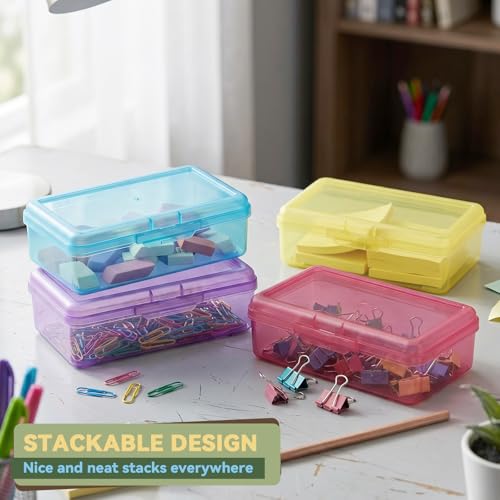 novelinks 5x8 Inch Plastic Pencil Box, Small Clear Storage Bins with Lids - size: 4 Pack