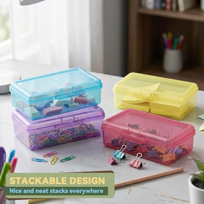 novelinks 5x8 Inch Plastic Pencil Box, Small Clear Storage Bins with Lids - size: 4 Pack