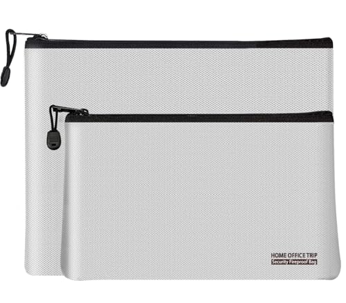 2PCS Fireproof Document Bag Home Office Travel Fireproof Safe Storage Pouch for A4 Document Cash Money Valuables Jewelry Passport Currency Keys Tablet Power bank Lipo Battery