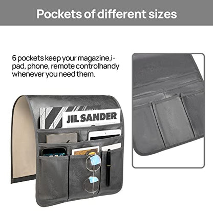 Teniux Remote Control Holder GRS Certified Armrest Organizer with 6 Pockets for recliner couch sofa, Recycled Material Armchair Caddy for Smart Phone, Book, Magazines, Ipad(Dark Grey) - color: Dark Grey
