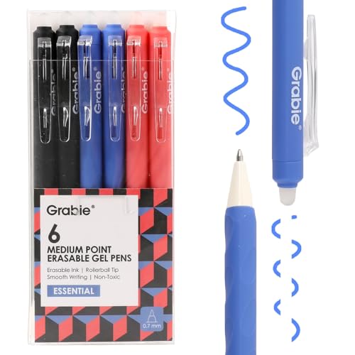 Grabie Erasable Gel Pens, 6 Pack Black Blue Red 0.7 mm Medium Point - color: Black/Blue/Red