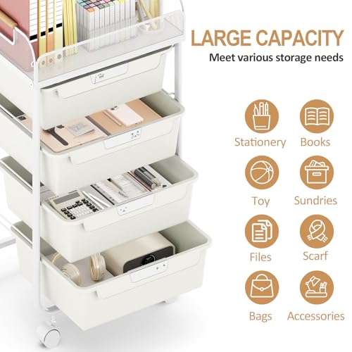 SYKIARIOL 4-Drawer Rolling Storage Cart with Mesh Top,White - color: Cream White