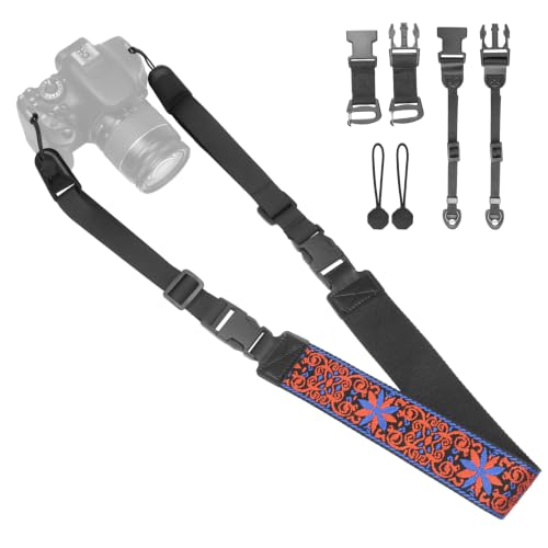Adjustable Camera Neck Strap, Vintage Embroidered Shoulder & Crossbody Camera Strap with 4 Connection Ways, Anti-Slip Camera Strap for DSLR, Mirrorless & Camcorder, Travel & Outdoor Photography Gear - color: Red Blue Flower