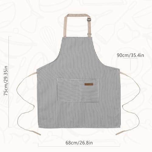 2 Pack Cooking Aprons Adjustable Bib Apron for Women with 2 Pockets, Kitchen Restaurant Men Chefs Aprons - color: Beige/Black Stripes