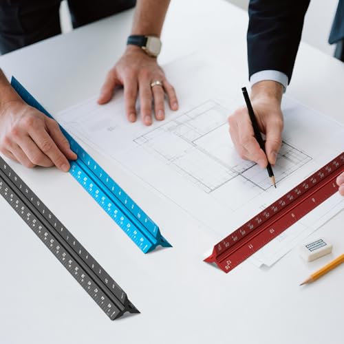 Rena Chris 2PCS Architectural Scale Ruler: 12" Imperial Aluminum Alloy Metal Architecture Measuring Tools, Engineering Drafting Construction Drawing Blueprints Triangular Architect Scaling Rulers - color: Red+Blue