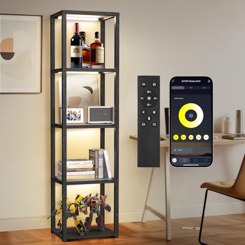 OUTON 67" Glass Display Shelf with Dimmable LED Floor Lamp, Collectibles Display Cabinet with Remote & App Control, 5 Tier Open Bookshelf Lamp for Living Room, Bedroom, Office, Home Decor, Black - color: Black