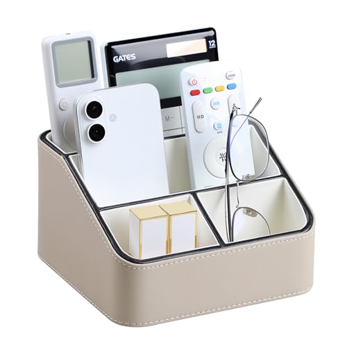 PU Leather Remote Control Holder, Nightstand Organizer with 4 Compartments - color: Beige