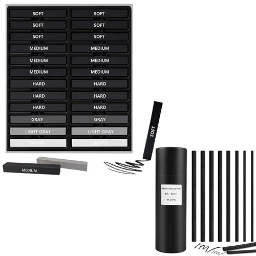 24 Pcs Compressed Charcoal Sticks, 25 Pcs Willow Charcoal Sticks Pencils for Sketching, Drawing, and Shading
