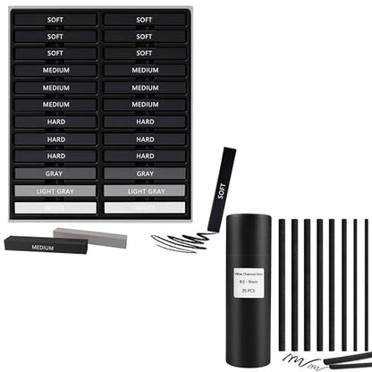 24 Pcs Compressed Charcoal Sticks, 25 Pcs Willow Charcoal Sticks Pencils for Sketching, Drawing, and Shading
