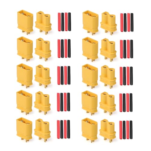 TMH 10 Pairs XT30 Connector Male Female Bullet Connectors Plugs with 40 pcs Heat Shrink Tube for RC Lipo Battery Car Boat (10 Male+10 Female) - color: 10 Pairs - XT30 (10 Male+10 Female), size: XT30 Connector