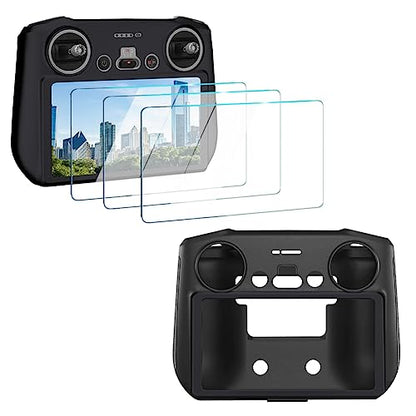 Screen Protector (3+1Pack) Compatible with DJI Mini 3/Mini 3 Pro,Mavic 3 RC Remote Controller, Tempered Glass Film Anti-Scratch High Definition Full Coverage and Soft Protective Silicone Case