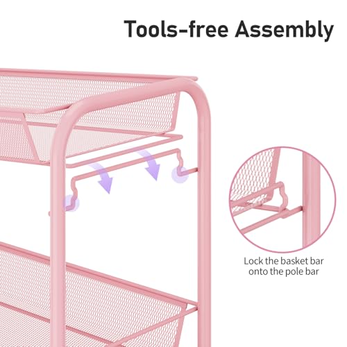 TOOLF 3 Tier Rolling Cart, Metal Utility Storage Cart with Wheels, Pink - color: Pink, size: 3-Tier