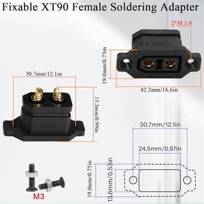 QIANRENON Fixable XT90 Female Soldering Adapter Gold Plated XT90E-F Panel Fixed Mount Weld Connector XT90 Lithium Battery Solder Socket 30A, Dust Cover, for Large Model Airplane Drone, Black, 2Pcs - style: F