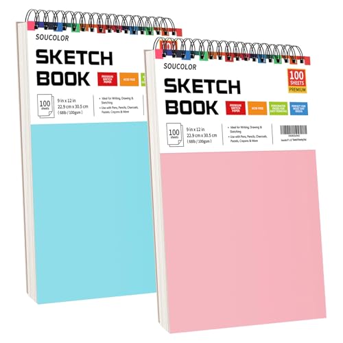 Soucolor 9x12 Sketch Book 2-Pack, 100 Sheets, Acid-Free Drawing Pads - color: Blue&Pink, size: 9" x 12" (Pack of 2)