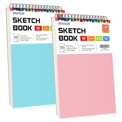 Soucolor 9x12 Sketch Book 2-Pack, 100 Sheets, Acid-Free Drawing Pads - color: Blue&Pink, size: 9" x 12" (Pack of 2)