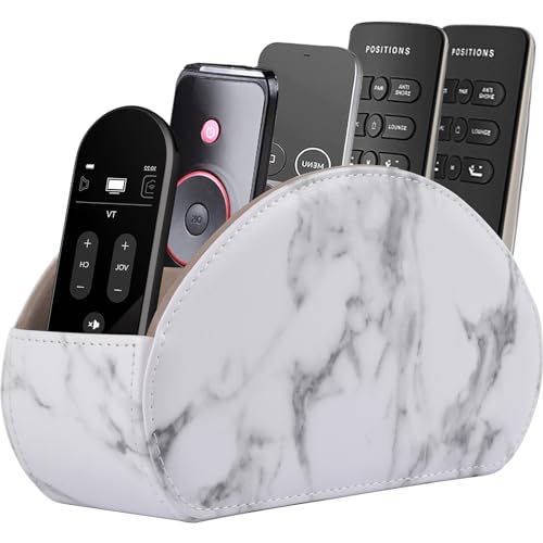 Leather Remote Control Holder with 5 Compartments TV Remote Caddy Store Box,Desktop Organizer for Controller, Glasses and Media Player,Pen Storage (White) - color: white