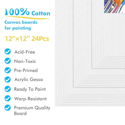 Gotideal Canvas for Painting, 24pcs 12x12 Primed Bulk Painting Canvas Board - size: 12x12 inch