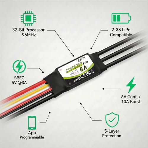 ZTW Mantis G2 6A ESC 2-3S Built-in Switching BEC 5V/3A Brushless Speed Controller For RC Airplane Aircraft Fixed-wing