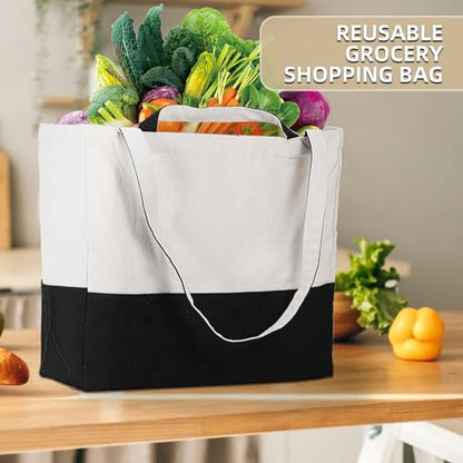 6 Pack Canvas Grocery Bags with Long Shoulder Strap and Short Handle（Black） - color: Black-6pack
