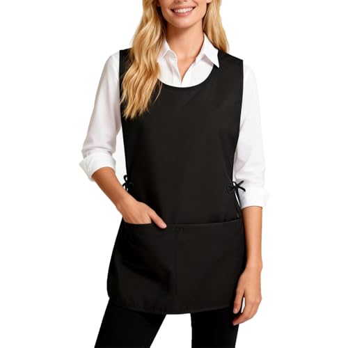 Cobbler Apron Unisex Smock Apron with Side Ties and 2 Deep Pockets Unisex Apron for work kitchen - color: Black
