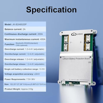 JKBMS JK-B2A8S20P 3S-8S 200A LiFePO4 BMS, 2A Active Balancer - size: JK-B2A8S20P