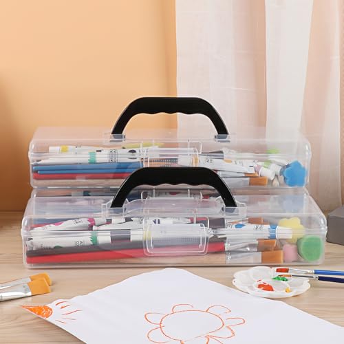 BTSKY 3 Pack Clear Plastic Painting Brush Container with Black Handle, Portable Long Paintbrush Case, Drawing Tools Storage Box, Practical Art Supply Organizer for Artist Crafters, 13.2"x3.5"x2.4"