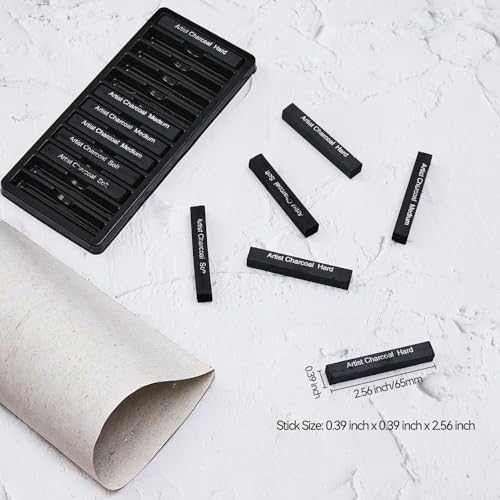 Compressed Charcoal Sticks, 12 Pieces (Soft, Medium, Hard) Square Vine Charcoal Sticks for Drawing, Sketching, Shading, Charcoal Drawing Set for Beginners & Pro Artists