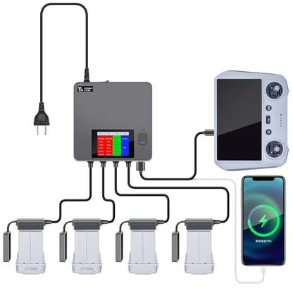 Hanatora LCD Simultaneous Charger with Storage Charge for DJI Mini 5 4 3 Pro Battery,Fast Multi Parallel 6 in 1 Display Charging Hub Drone Accessories