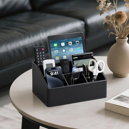 PU Leather Desk Organizer, Remote Control Holder, Black - color: Black