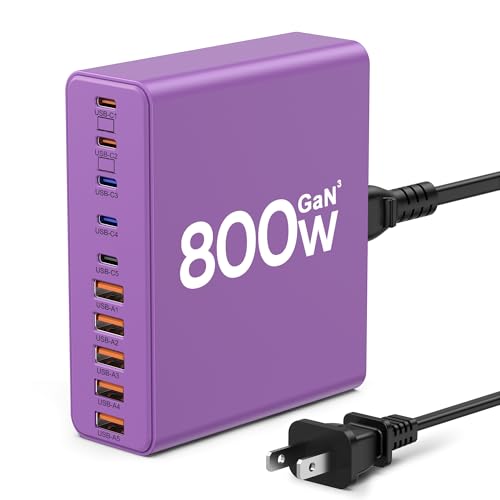 800W USB C Charger Block,10-Port Charging Station - color: Purple