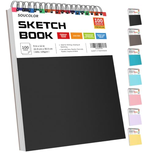 Soucolor Sketch Book 9" x 12", 100 Sheets Kids Art Sketchbook Drawing Pad - color: Black, size: 9" x 12" (Pack of 1)