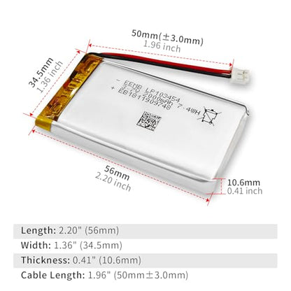 EEMB 3.7V 103454 2000mAh Lipo Battery Rechargeable JST 2.0mm 1-Pack - size: 103454(2000mAh) 1pcs