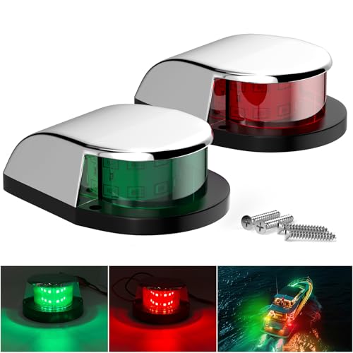 PSEQT Boat Navigation Lights 4'' Red Green LED Marine Bow Stern Port Starboard Signal Sailing Waterproof Lights 12V for Pontoon Kayak Yacht Sailboat Fishing Bass Boats (1 Red & 1Green, Silver Cover)