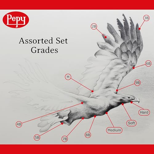 Pepy Graphite and Charcoal Professional Drawing Pencil Assortment; 9 Graphite and 3 Charcoal Hardnesses; Pre-Sharpened; Perfect for Drawing, Sketching and Shading, Graphic and Fine Art