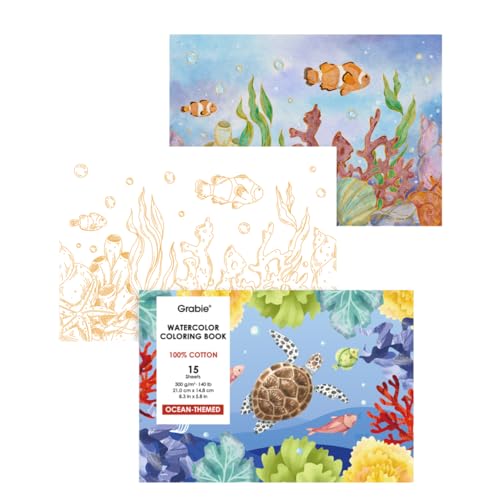 Grabie Watercolor Coloring Book, 15 A5 Cotton Sheets, Ocean Themed - color: Ocean