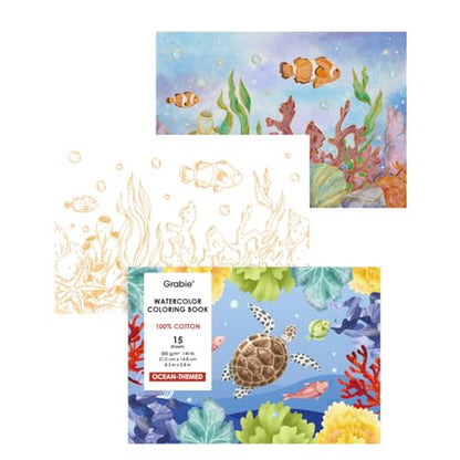 Grabie Watercolor Coloring Book, 15 A5 Cotton Sheets, Ocean Themed - color: Ocean
