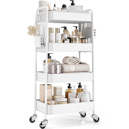 TOOLF 4 Tier Rolling Cart, Metal Utility Storage Cart with Pegboard, White - color: White, size: 4-Tier