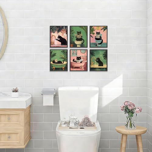 KBKBART 6pcs Funny Cat Bathroom Wall Art Prints Poster Unframed, 8x10 inch - color: Black Cat