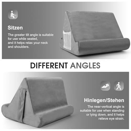 Multi-Angle Tablet Stand with Soft Pad and Net Pocket - Universal Lazy Holder for Lap, Knee, Sofa and Bed(Grey) - color: Grey