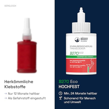 threadlocker B270Eco high Strength reen 50ml Bottle - high Temperature Resistant, Fluorescent - Works on All Metals and Threads - Quality Made in Germany