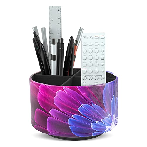 lizimandu Round Leather Art Supply Organizer,Remote Control Holder,360 Degree Spinning,Multi-Functional Pencil Holder,4 Compartments Desktop Stationary Organizer(1-Blue Fractal Flower) - color: 1-Blue Fractal Flower