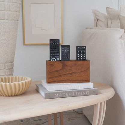 Wooden Remote Control Holder - Adhesive Wall Mount Caddy for 3-4 Remotes - color: Brown
