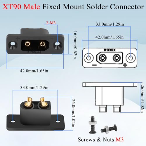 QIANRENON XT90 Male Fixed Mount Solder Connector Gold Plated XT90E-M Male Panel Mount Weld Adapter XT90 Model Airplane High Current Plug 30A 12AWG,Dust Cover,for Lithium Battery RC Car,Black,2Pcs - style: M