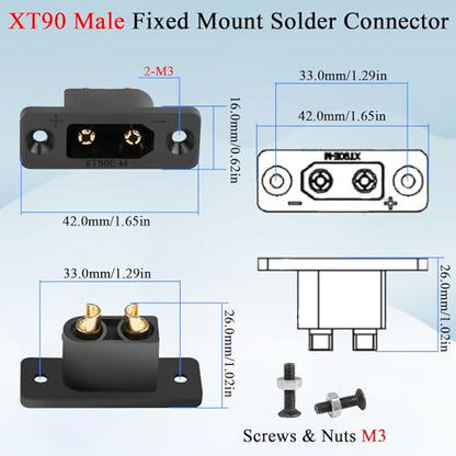 QIANRENON XT90 Male Fixed Mount Solder Connector Gold Plated XT90E-M Male Panel Mount Weld Adapter XT90 Model Airplane High Current Plug 30A 12AWG,Dust Cover,for Lithium Battery RC Car,Black,2Pcs - style: M