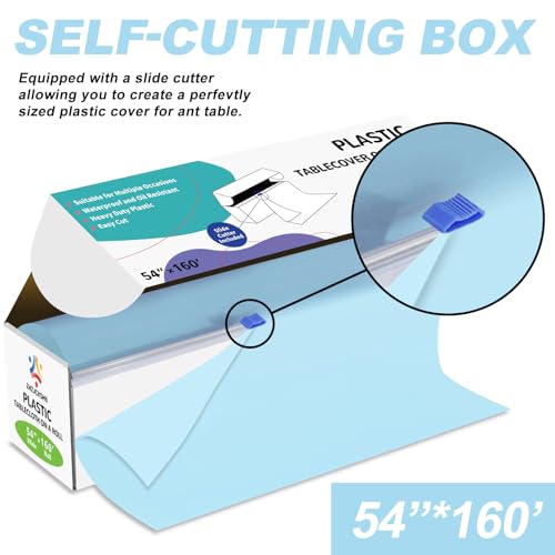 54IN X 160FT Plastic Table Cover Roll with Cutter Box, Cut to Size Plastic Table Cloths for Parties, Birthday, (Light Blue, 54"x1920") - color: Light Blue, size: 1920" x 54" (Rectangular)
