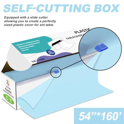 54IN X 160FT Plastic Table Cover Roll with Cutter Box, Cut to Size Plastic Table Cloths for Parties, Birthday, (Light Blue, 54"x1920") - color: Light Blue, size: 1920" x 54" (Rectangular)