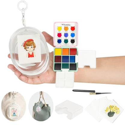 Woomer 9-Color Travel Watercolor Pan Set with Brush, Cup & Display Pouch