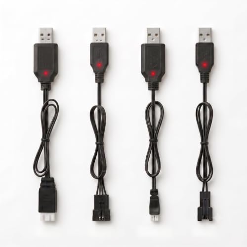 4-Pack Universal RC Charger Cable Set, USB RC Car Charger Compatible with SM-2P SM-4P PH2.0 XH-3P Battery Packs for RC Cars, Drift Cars, Boats, Gel Blaster & Rechargeable RC Toys (4 Pack)