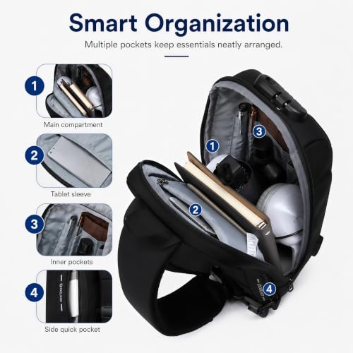 OZUKO Sling Backpack for Men - Anti-Theft Crossbody Bag, Waterproof with USB Charging Port - color: Black